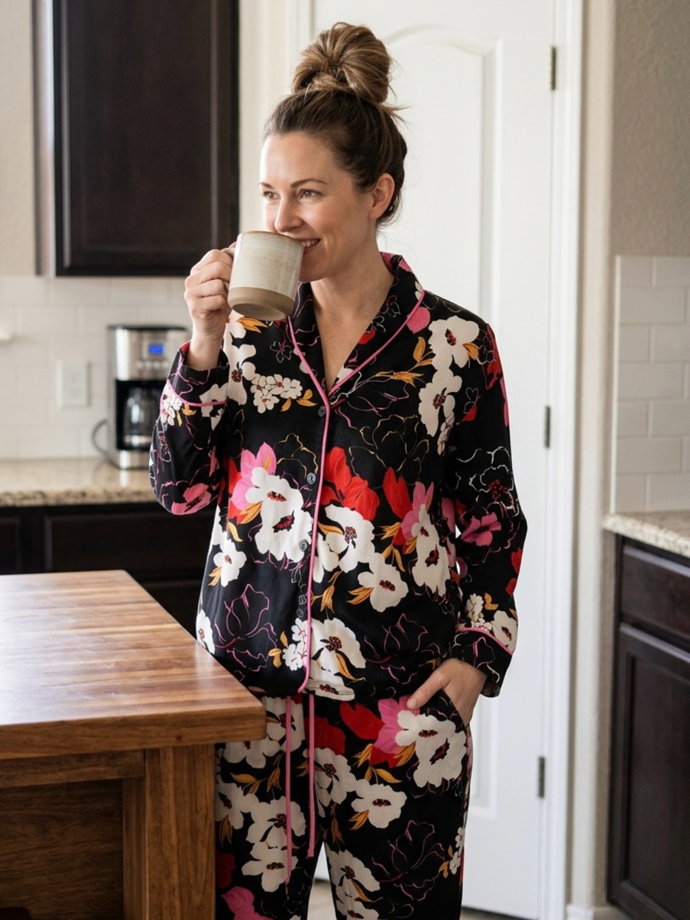 Room Service Pajama Set Floral Long-Sleeve Shawl Collar NWT